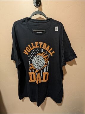 New Mens Black Volleyball Dad Tee with Orange & White Flag Fire Graphic 2XL Tall
